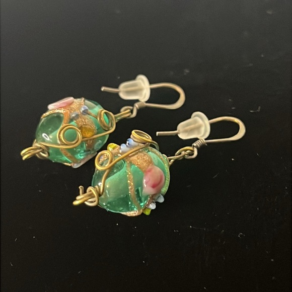 Hand Crafted Lampwork Glass Bead Gold Wire Scroll Dangle Sterling Hook Earrings - Picture 1 of 5